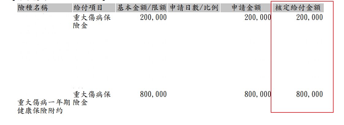 重大傷病險理賠通知，核定給付金額共 100 萬元